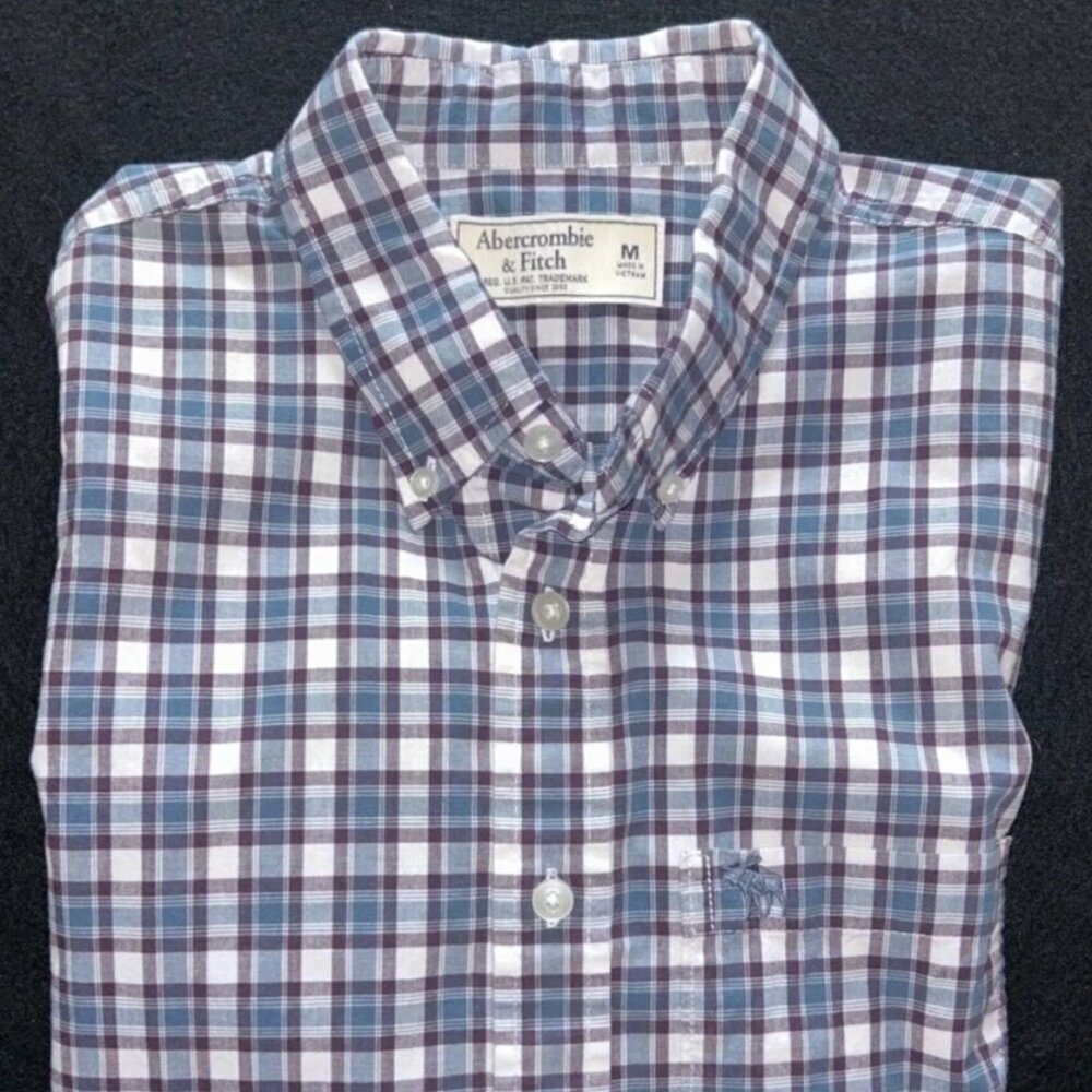 Abercrombie & Fitch Shirt Mens M Blue Striped Check Long Sleeve Button Down LOGO